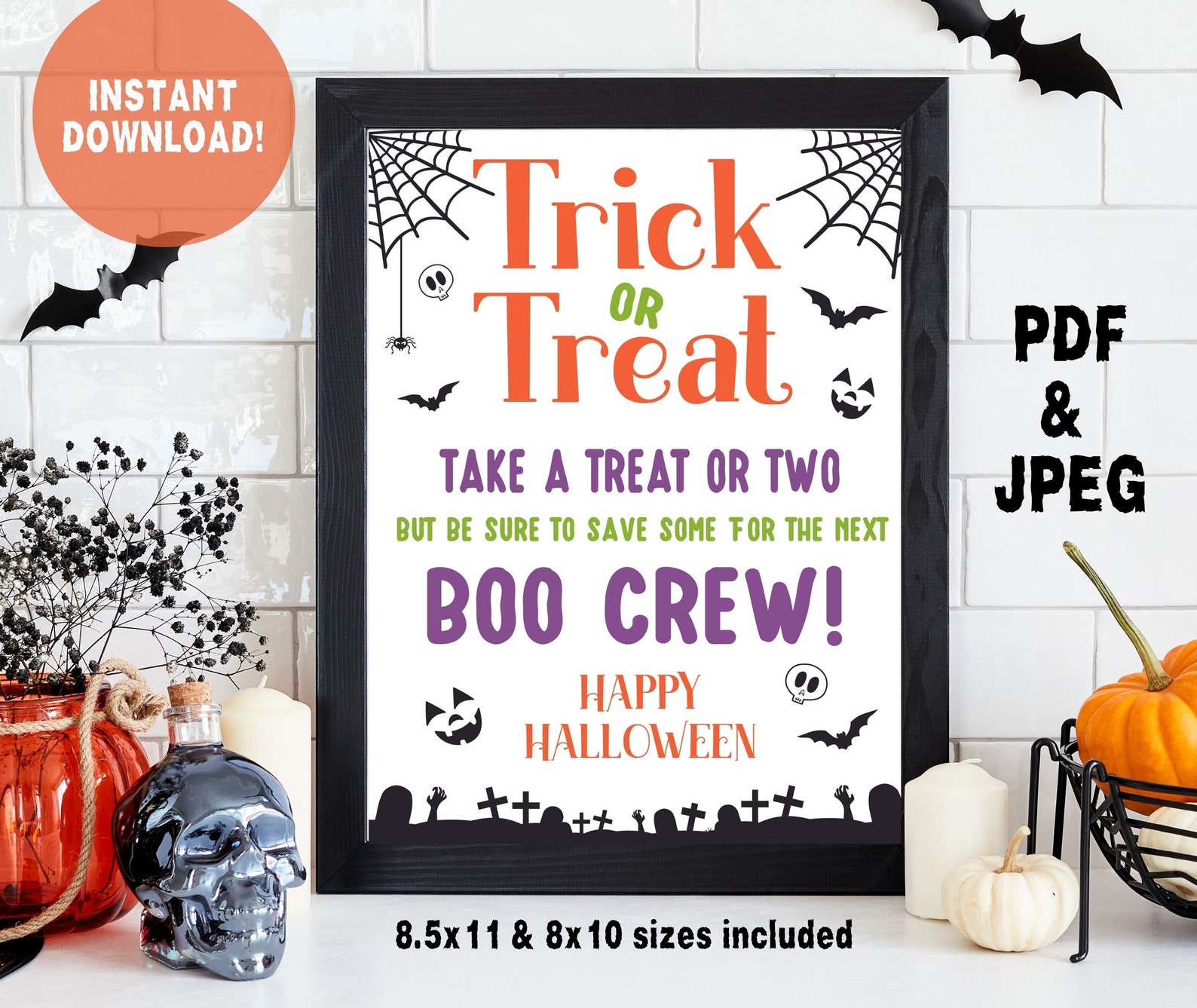 A Boo-Crew Greeting with the Request Below Printable trick-or-treat sign with a colorful boo-crew greeting and a take-a-treat request.