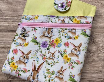 Bunny Floral Book Sleeve: Padded Cotton Book Cover with Pockets