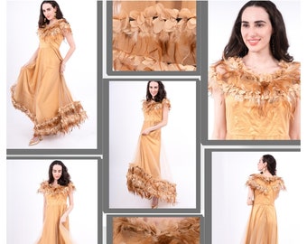 Glamorous Gold Feather Maxi Dress - Sparkle & Shine in this Elegant Evening Gown for Occasion Wear, Bridal Party Dress