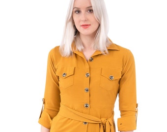 Mustard Yellow Denim Shirt Dress with Pockets | Perfect for Casual Parties and Gatherings, workwear