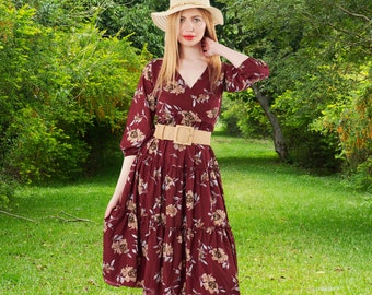 Women's Floral Midi Dress - Perfect for Casual Parties with Knee Length and 3/4 Sleeves, Tiered Frill Dress