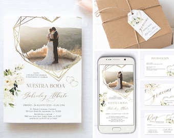 White Rose Photo Spanish Wedding Invitations Set Editable, Spanish Wedding Pack de Boda, Nuestra Boda Invitacion, RSVP Card Editable Corjl