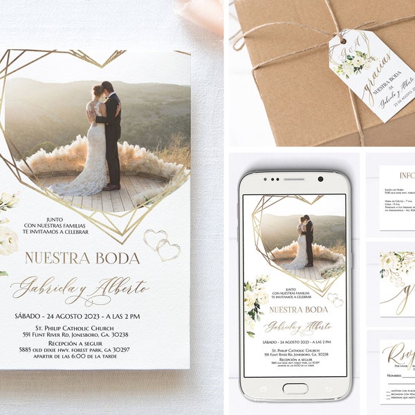 White Rose Photo Spanish Wedding Invitations Set Editable, Spanish Wedding Pack de Boda, Nuestra Boda Invitacion, Tarjeta RSVP Editable Corjl