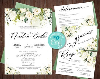 Spanish Wedding Invitations Set Editable, White Rose Spanish Wedding Pack de Boda, Nuestra Boda Invitacion Spanish RSVP Card, Editable Corjl