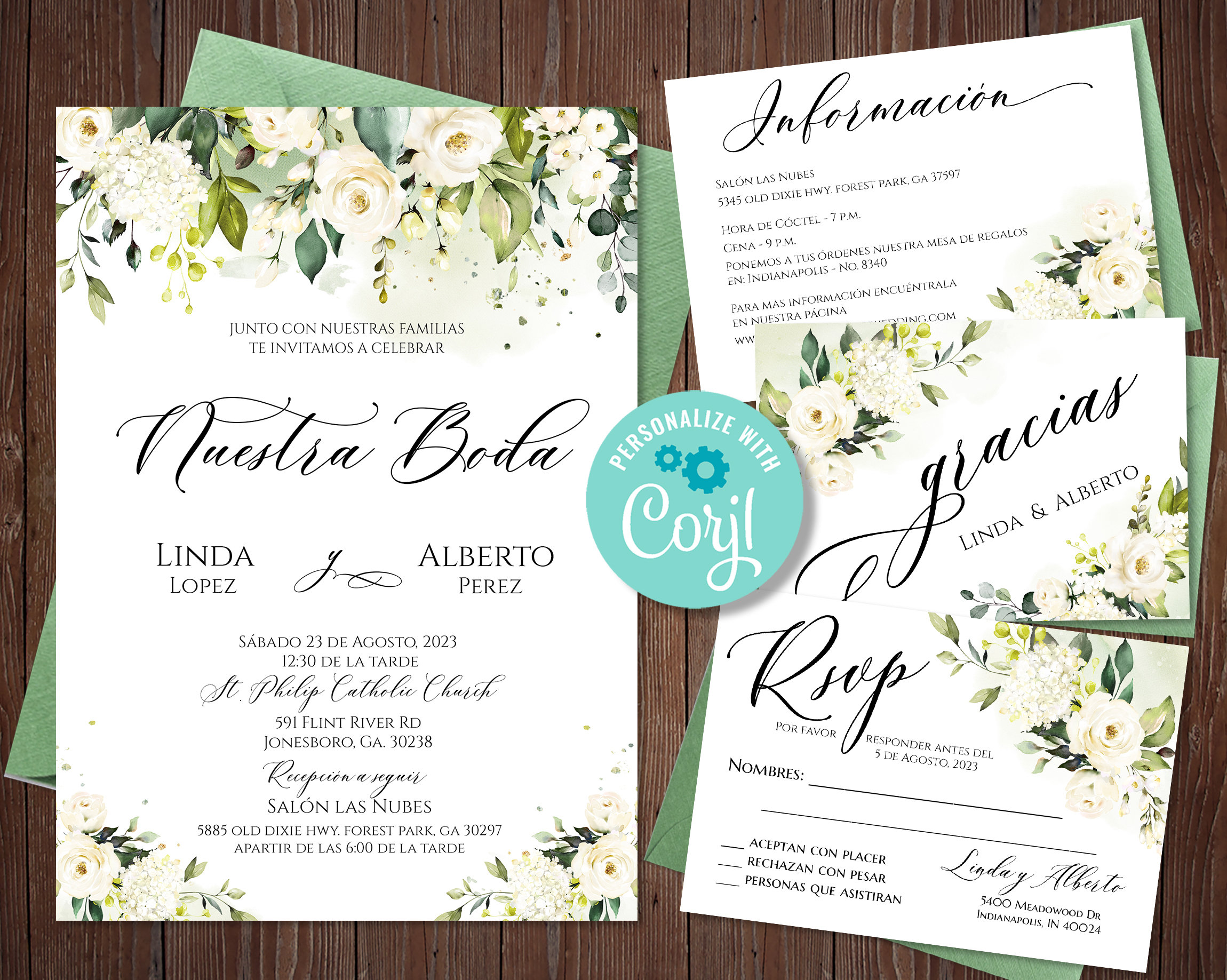 Spanish Wedding Invitations Set Editable, White Rose Spanish Wedding ...