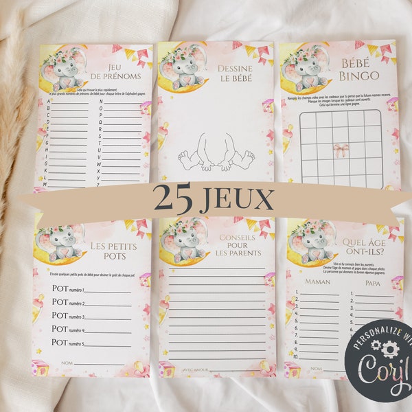 Jeux Baby Shower Modifiables en Français, Pack de Jeux Fête Prénatale à Imprimer, Eléphant Rose, Activités Baby Shower en Français Corjl