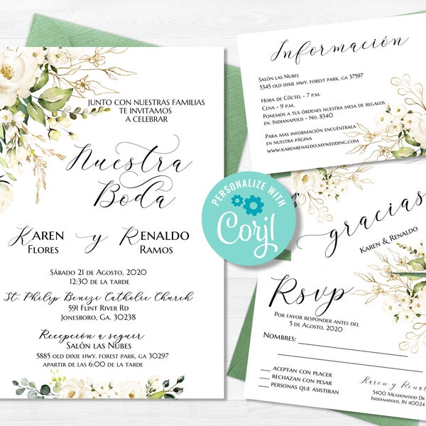 Invitaciones de boda, Spanish Wedding, Pack de Boda, Spanish Wedding Invitations, Spanish RSVP Card, Spanish Wedding Set, Editable Corjl