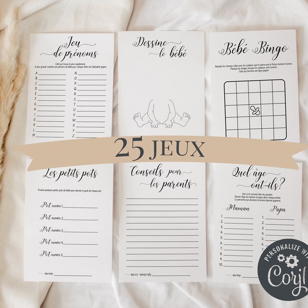 Jeux Baby Shower en Français Modifiables, Pack de Jeux fête prénatale à Imprimer, Activités baby shower en français, Naissance de bébé Corjl