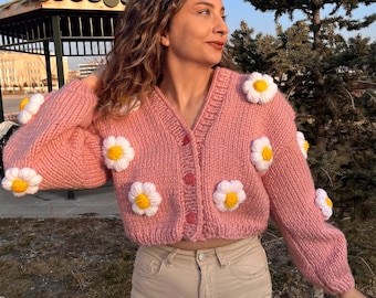 Women's 3D Flowers Crop Cardigan, Pink Crop. Lady Gift. Mom Gift