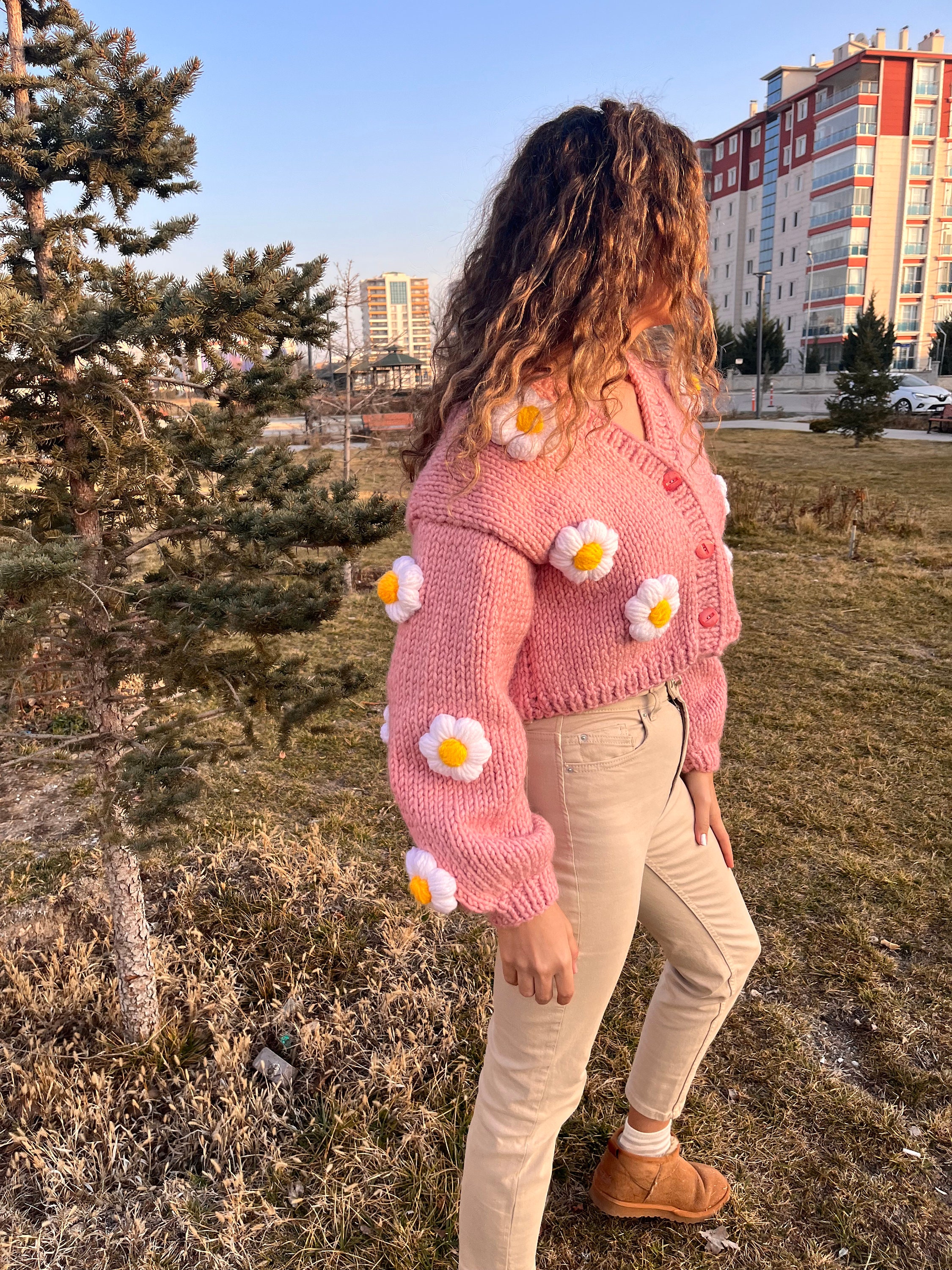 Women's 3D Flowers Crop Cardigan, Pink Crop. Lady Gift. Mom Gift