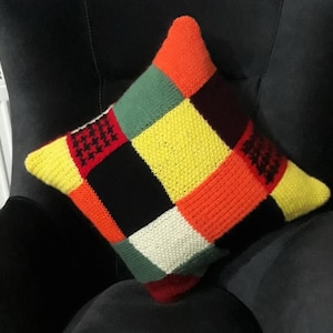 Hand-Knit Patchwork Pillow, Multi-Color Block, Harry Styles Inspired