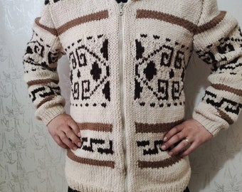 Hand Knit Wool Cowichan Cardigan, Big Lebowski Dude Style Sweater