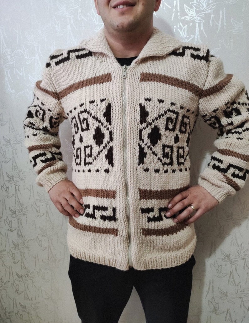 Dude Style Sweater, Big Lebowski Cardigan, hand knit Wool Cowichan style men cardigan, Mexican sweater, Chunky Sweater, big Lebowski replica image 3