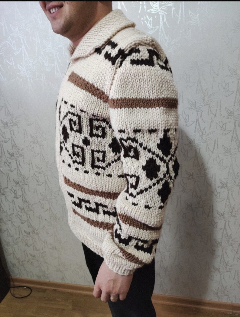 Dude Style Sweater, Big Lebowski Cardigan, handgebreid wollen Cowichan stijl herenvest, Mexicaanse trui, dikke trui, grote Lebowski replica afbeelding 5