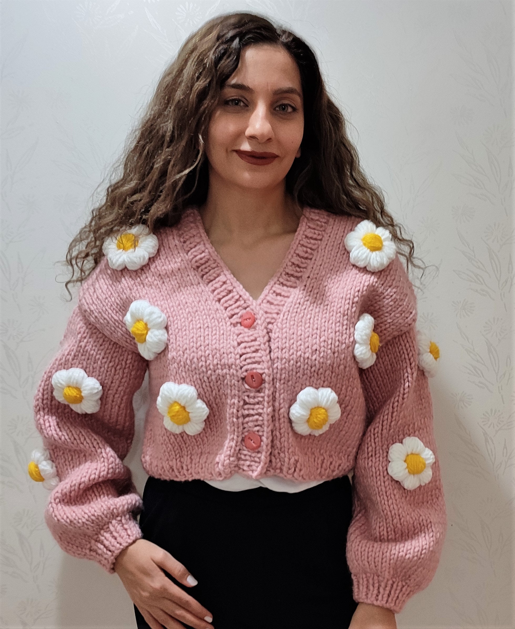 Women's 3D Flowers Crop Cardigan, Pink Crop. Lady Gift. Mom Gift