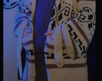 Hand Knit Wool Cowichan Cardigan, Dude Style, Big Lebowski Replica