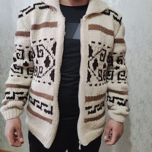 Dude Style Sweater, Big Lebowski Cardigan, handgebreid wollen Cowichan stijl herenvest, Mexicaanse trui, dikke trui, grote Lebowski replica afbeelding 2