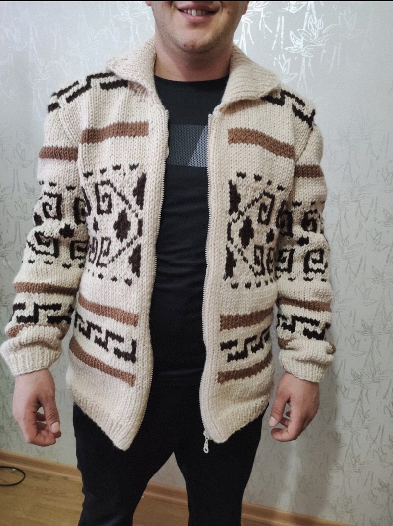 Dude Style Sweater, Big Lebowski Cardigan, handgebreid wollen Cowichan stijl herenvest, Mexicaanse trui, dikke trui, grote Lebowski replica afbeelding 2