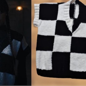 Wednesday Addams Jenna Hand-knitted Oversize Sweater Inspired Black and White Blocked Sweater Vest Replica Gothic %100 Handmade