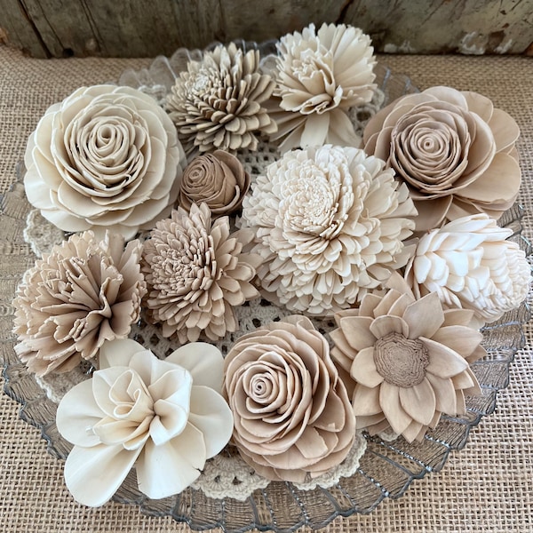 Sola Wood Flower Bowl Filler. Lovely collection of 12 champagne and cream flowers, perfect for a bowl or vase. Choose a scent or unscented.
