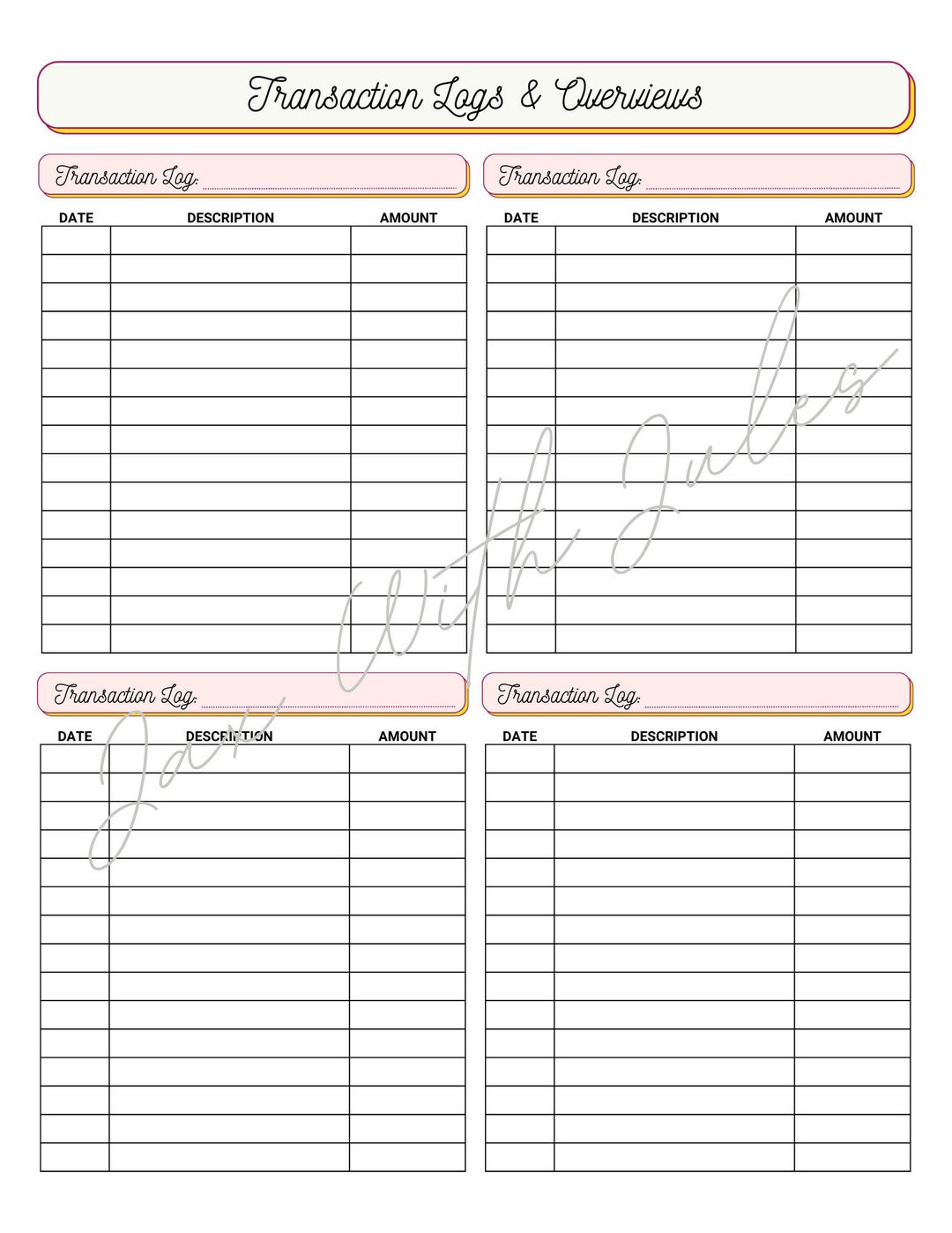 Transaction Log Retro Pink Budget Planner Printable - Etsy