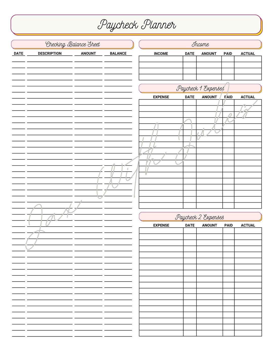 Weekly Balance Check Planner Paycheck / Balance Combo Planner Printable PDF Retro Pink - Etsy