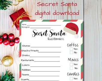 printable secret Santa questionnaire- Christmas printable- Christmas digital download- secret Santa- questionnaire