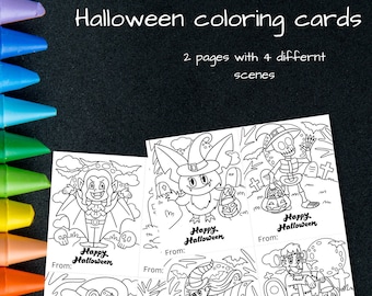 printable Halloween coloring cards-halloween coloring sheets-halloween goodie bag-halloween treats-instant download-halloween printable