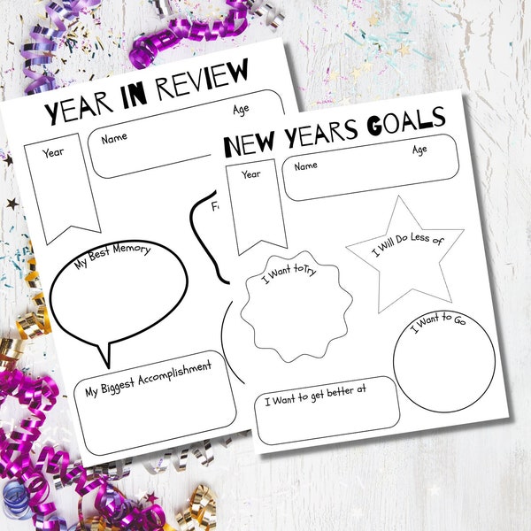 Kids New Years resolution printable- Year in review printable-New years goals-digital download-pdf-New Years for kids