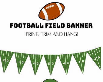 May include: Printable football field banner with green and white pennants. Each pennant has a yard line number printed on it. The numbers are 20, 30, 40, 50, 40, 30, and 20. The banner is perfect for a football party or game day.