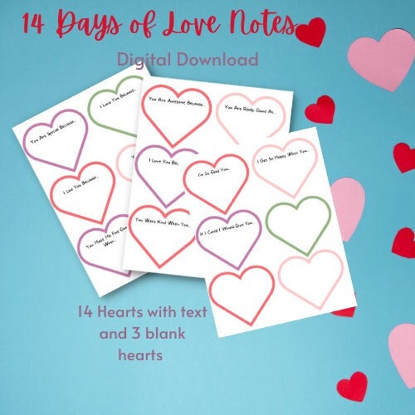 14 days of Love Notes, Valentines Day notes, I Love you cards, digital download, pdf, instant download, happy Valentines, Kindness Cards