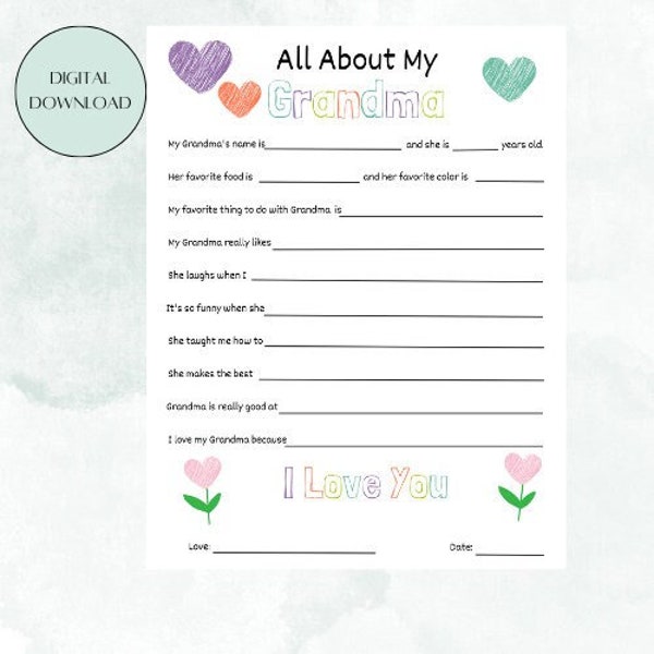 All About Grandma Printable questions template, Mother's Day gift, Gift for Her from kids, All About Grandma, Mother's Day, Grandparent's