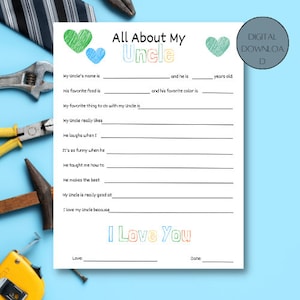 All About My Uncle Printable, Father&#39;s Day printable, Gift for him from kids, All About Uncle, Birthday gift for him, Dad questionnaire