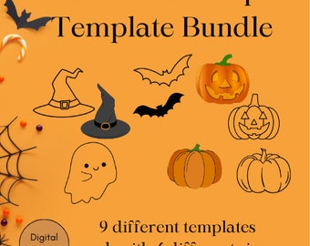 以下が含まれることがあります： 9種類のハロウィーンシェイプテンプレートのデジタルダウンロードバンドル。それぞれ4つの異なるサイズがあります。テンプレートには、魔女の帽子、幽霊、カボチャ、コウモリが含まれています。