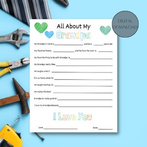 All About My Grandpa Printable, Father&#39;s Day printable, Gift for him from kids, All About Grandpa, Birthday gift for him, Dad questionnaire