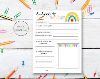 All About My Teacher Printable, Teacher Appreciation Gift (PDF)