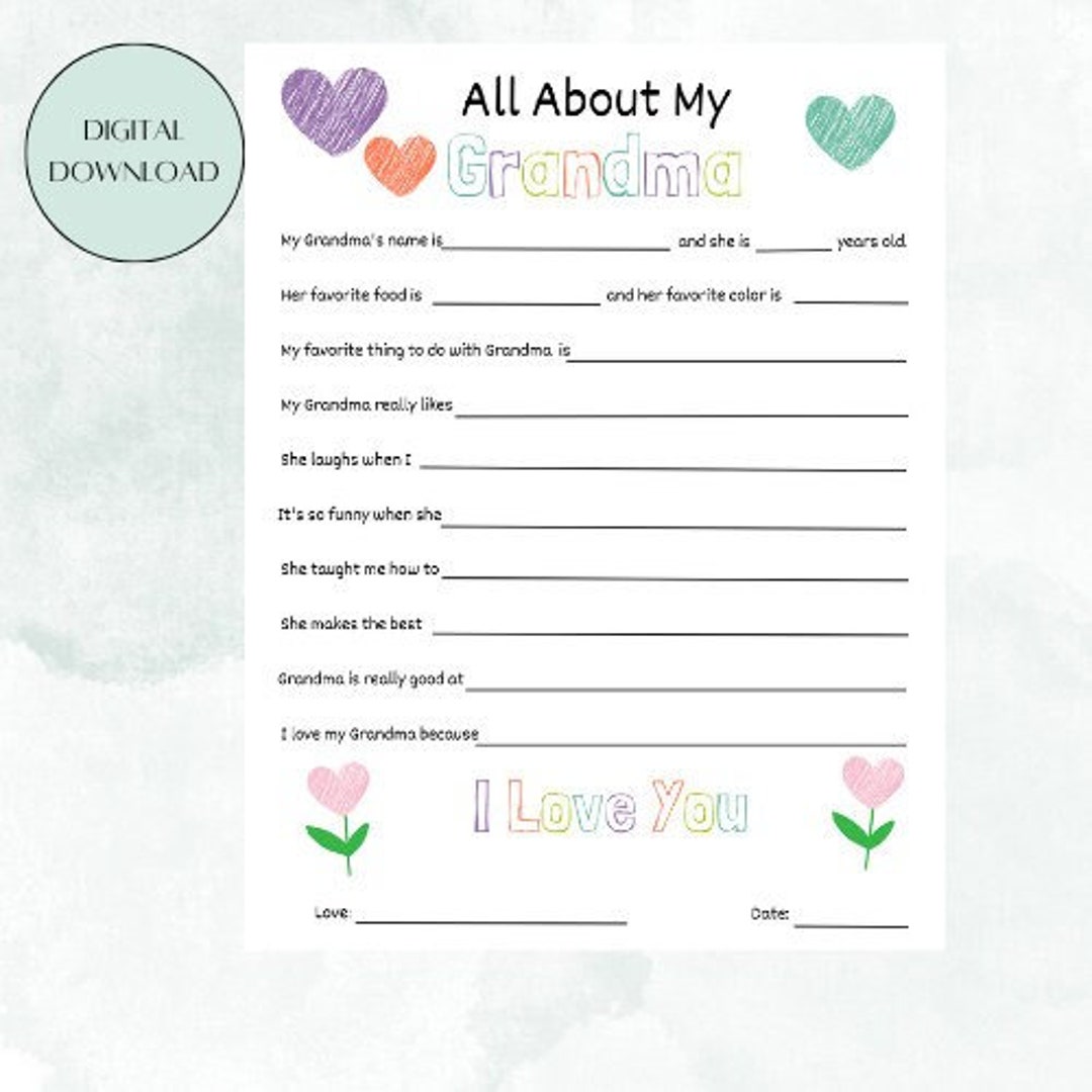 All About Grandma Printable Questions Template, Mother's Day Gift, Gift