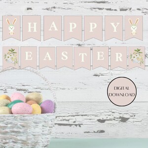 Druckbares Frohe Ostern Banner, Happy Easter Bunny Banner, Hase und Ei Blumenbanner, Osterdekor, druckbares Osterdekor, diy