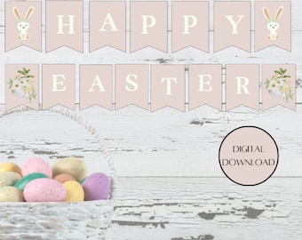 Printable Happy Easter Banner, Happy Easter Bunny banner, Bunny and Egg floral banner, Easter Decor, Printable Easter decor, diy