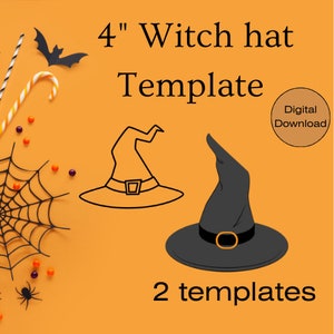 May include: Two printable witch hat templates, one in black and one in outline. The templates are 4 inches tall and are perfect for crafting.