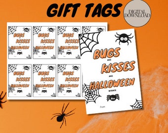 Pode incluir: Etiquetas de presente imprimíveis para o Halloween com um design de teia de aranha e o texto "Bugs and Kisses Halloween Wishes". As etiquetas são em preto e branco com acentos laranja.