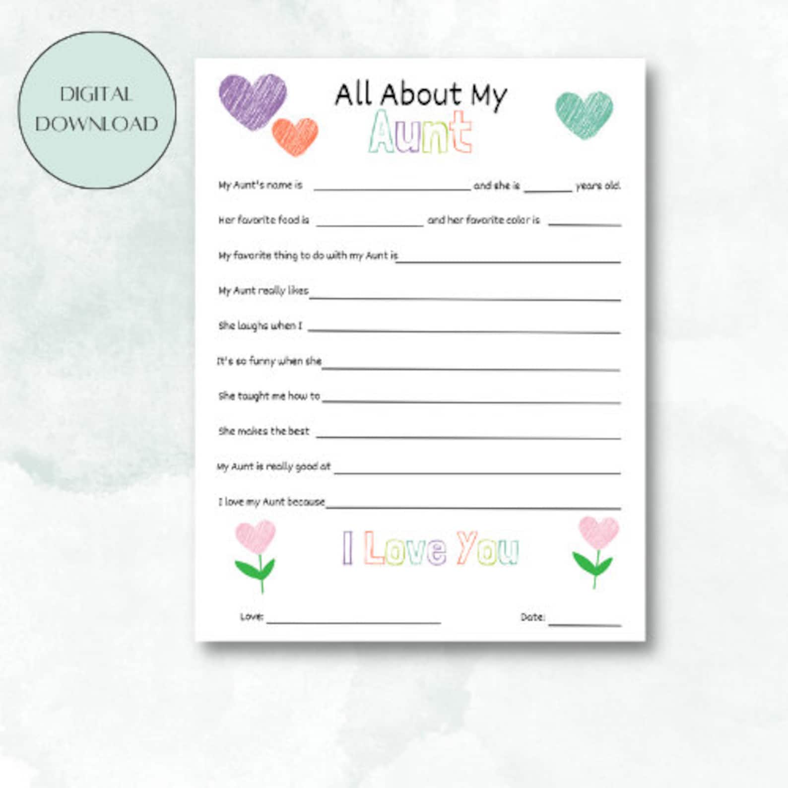All About Aunt Printable Questions Template, Mother's Day Gift, Gift