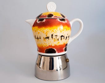 Coffee Maker with Abstract Art Design Ceramic Pot, Rustic Boho Thun Maya Porcelain Stovetop Moka Pot Espresso Maker, Gift for Coffee Lovers