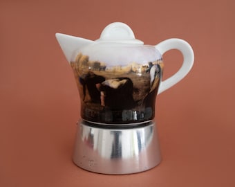 Cafetera con olla de cerámica con impresión de bellas artes, mini cafetera de porcelana geométrica rústica de 1 taza para estufa Moka Pot, regalo para los amantes del café