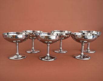 Set of 6 Stainless Steel Champagne Coupes, Vintage Metal Fruit Salad Cups Dessert Ice-Cream Bowls, Vintage Italian Barware Martini Goblets