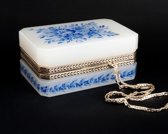 Joyero de cristal opalino blanco, antiguo joyero rectangular de colección de opalina vaselina, contenedor de almacenamiento de Murano Cenedese