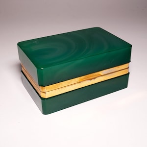 Vintage Emerald Opaline Glass Box, Rectangular Jade Green Opaline Casket with Brass Mount