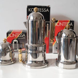 Vintage Vev Vigano Kontessa Italian Coffee Maker Set, 4 Cups Espresso Stovetop Moka Pot, Gift For Coffee Lovers, Retro Coffee Bar Decor