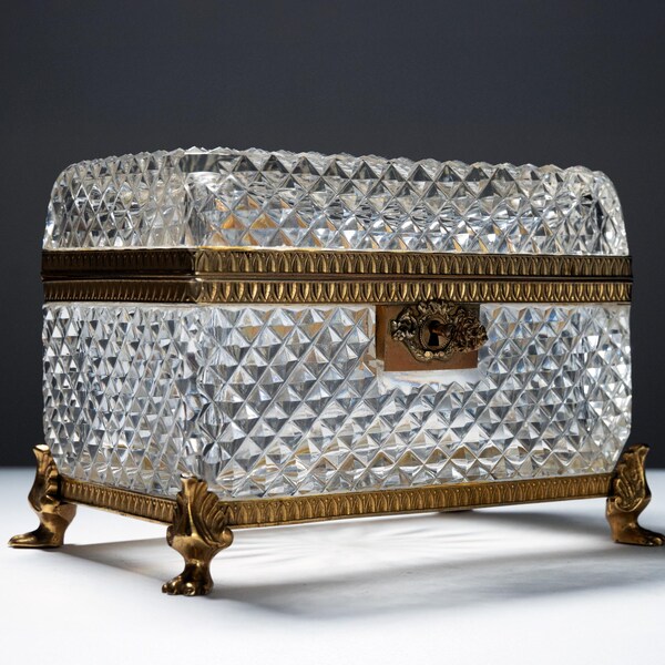 Large Cut Glass Casket Box with a Gilt Metal Mount, Hollywood Regency Jewelry Box, Luxury Antique French Baccarat Style Chunky Trinket Case