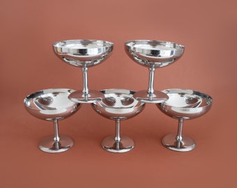 Set of 5 Stainless Steel Champagne Coupes, Vintage Metal Fruit Salad Cups Dessert Ice-Cream Bowls, Vintage Italian Barware Martini Goblets